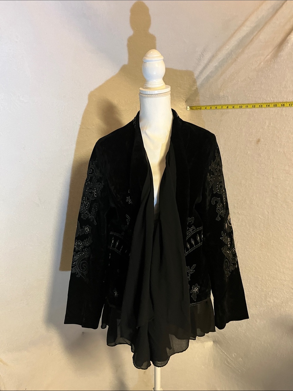 Adore Black Velvet Embroidered Open-Front Jacket with Chiffon Drape